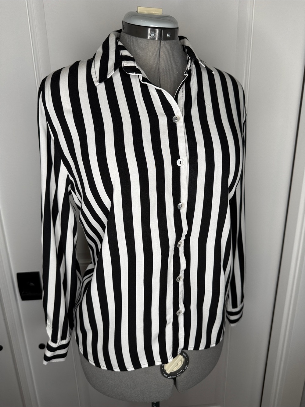 Jane and Delancey Black and White Vertical Stripe Button-Down Blouse